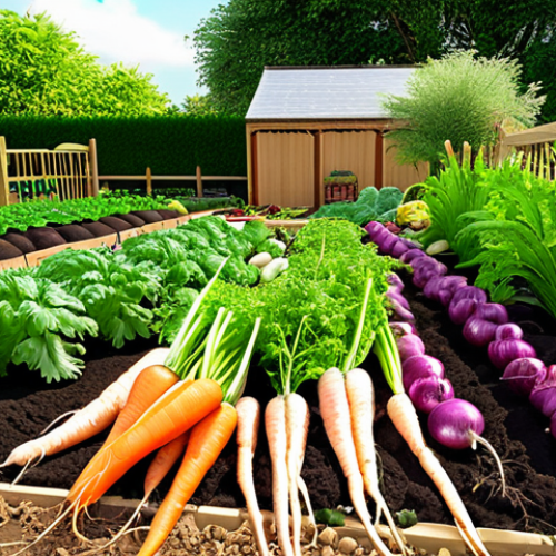 Home 11 **
Lush vegetable garden, diverse plants (carrots, onions, etc.), healthy soil, sunny location with wind protection, showcasing companion planting. Focus on vibrant colors and plant health.
**