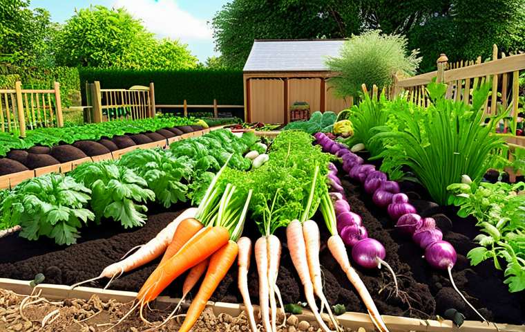 **
Lush vegetable garden, diverse plants (carrots, onions, etc.), healthy soil, sunny location with wind protection, showcasing companion planting. Focus on vibrant colors and plant health.
**