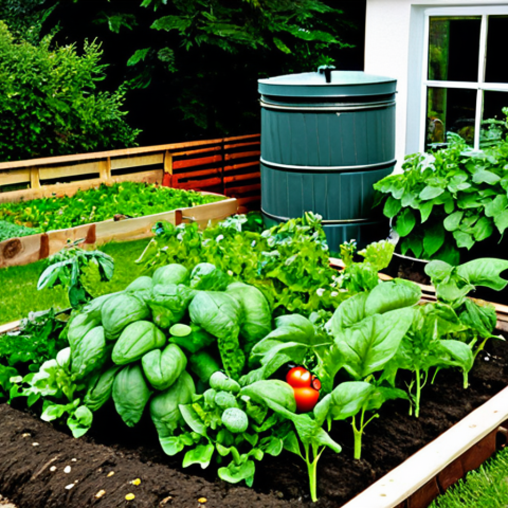 Thriving Vegetable Garden**

A vibrant and diverse vegetable garden in Germany during a sunny summer day. Lush green plants including tomato plants (old varieties), paprika, zucchini, and herbs are growing abundantly. Incorporate mulch around the base of the plants. A wooden compost bin is visible in the background, alongside a rain barrel. Safe for work, appropriate content, fully clothed, professional, perfect anatomy, natural proportions, high resolution, detailed.

**