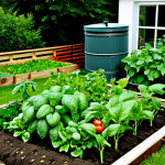 Thriving Vegetable Garden**

A vibrant and diverse vegetable garden in Germany during a sunny summer day. Lush green plants including tomato plants (old varieties), paprika, zucchini, and herbs are growing abundantly. Incorporate mulch around the base of the plants. A wooden compost bin is visible in the background, alongside a rain barrel. Safe for work, appropriate content, fully clothed, professional, perfect anatomy, natural proportions, high resolution, detailed.

**