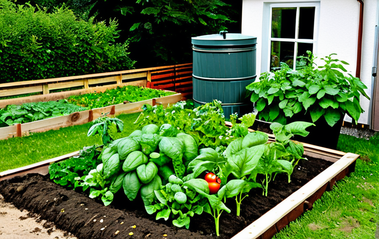 Thriving Vegetable Garden**
A vibrant and diverse vegetable garden in Germany during a sunny summer day. Lush green plants including tomato plants (old varieties), paprika, zucchini, and herbs are growing abundantly. Incorporate mulch around the base of the plants. A wooden compost bin is visible in the background, alongside a rain barrel. Safe for work, appropriate content, fully clothed, professional, perfect anatomy, natural proportions, high resolution, detailed.
**
