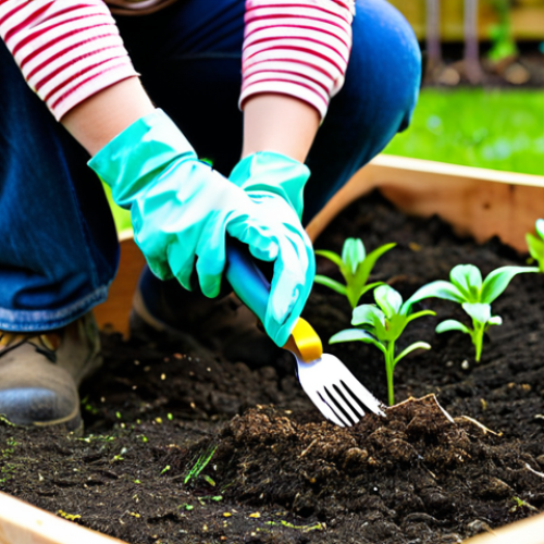 Home 12 Spring Garden Preparation**
A gardener, fully clothed in appropriate gardening attire, preparing the soil in a vibrant spring garden. Focus on organic gardening practices: adding compost, loosening the soil with a hand fork. Background shows raised beds with seedlings emerging. Include gardening tools like a trowel and watering can. Safe for work, appropriate content, professional, modest, perfect anatomy, natural proportions, high quality.
**
