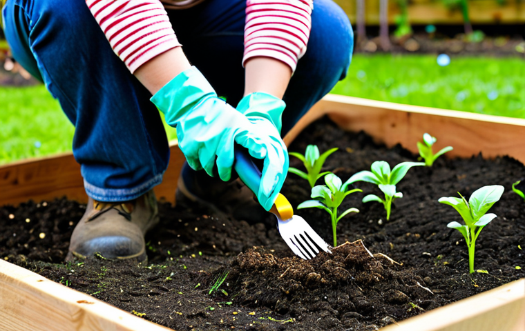 Spring Garden Preparation**
A gardener, fully clothed in appropriate gardening attire, preparing the soil in a vibrant spring garden. Focus on organic gardening practices: adding compost, loosening the soil with a hand fork. Background shows raised beds with seedlings emerging. Include gardening tools like a trowel and watering can. Safe for work, appropriate content, professional, modest, perfect anatomy, natural proportions, high quality.
**