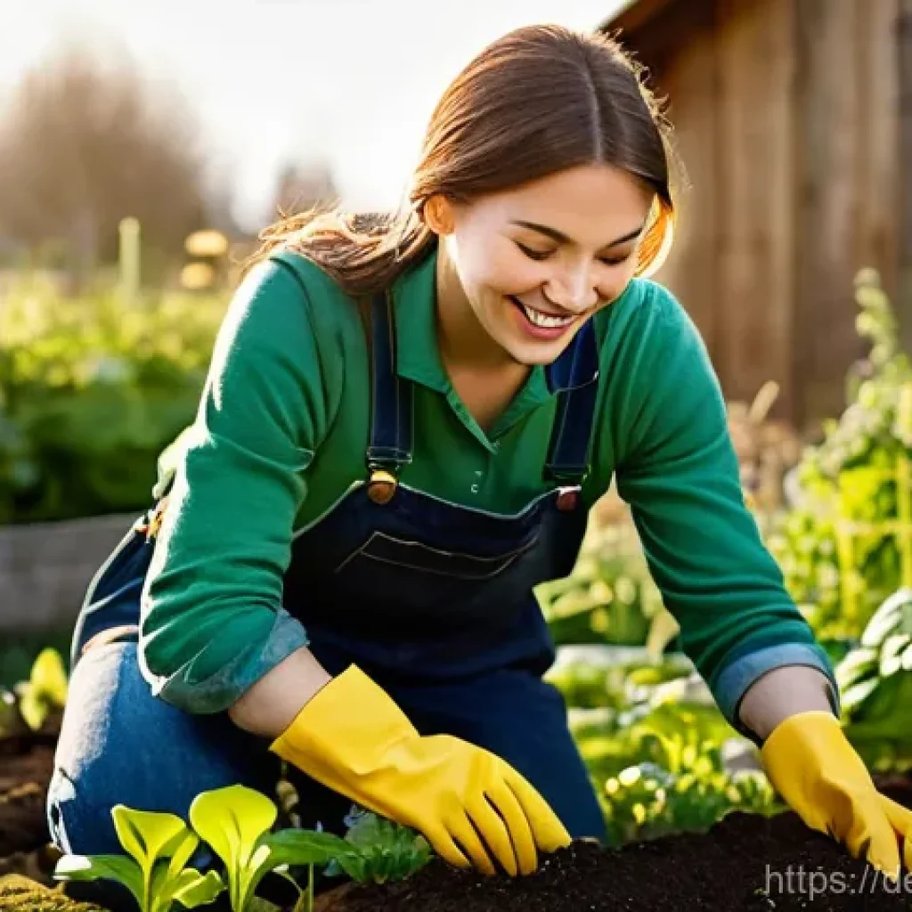 텃밭 키우기 계절별 작물 선택 - **Prompt:** A cheerful young woman in her late 20s, wearing sturdy, practical overalls and a long-sl...