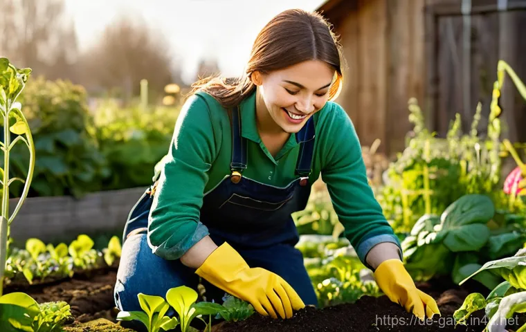 텃밭 키우기 계절별 작물 선택 - **Prompt:** A cheerful young woman in her late 20s, wearing sturdy, practical overalls and a long-sl...