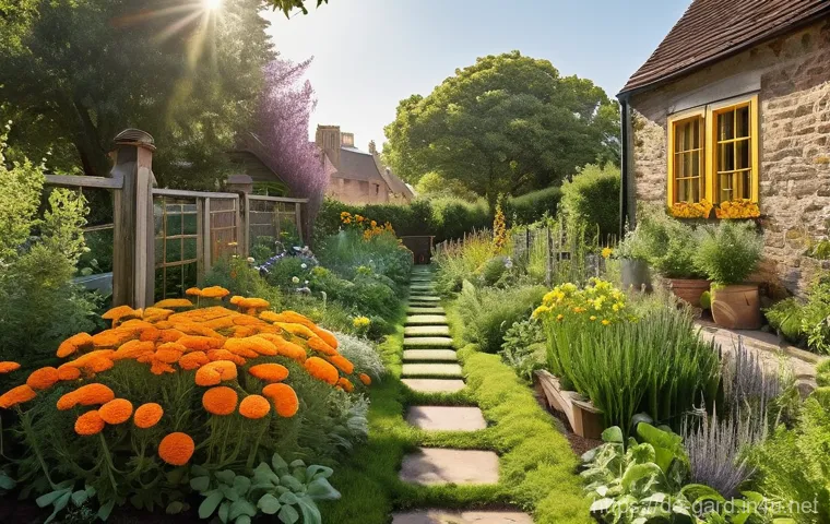 정원 텃밭 친환경 농약 추천 - **Prompt:** "A vibrant, healthy garden scene in late afternoon light. Focus on a close-up of a lush ...