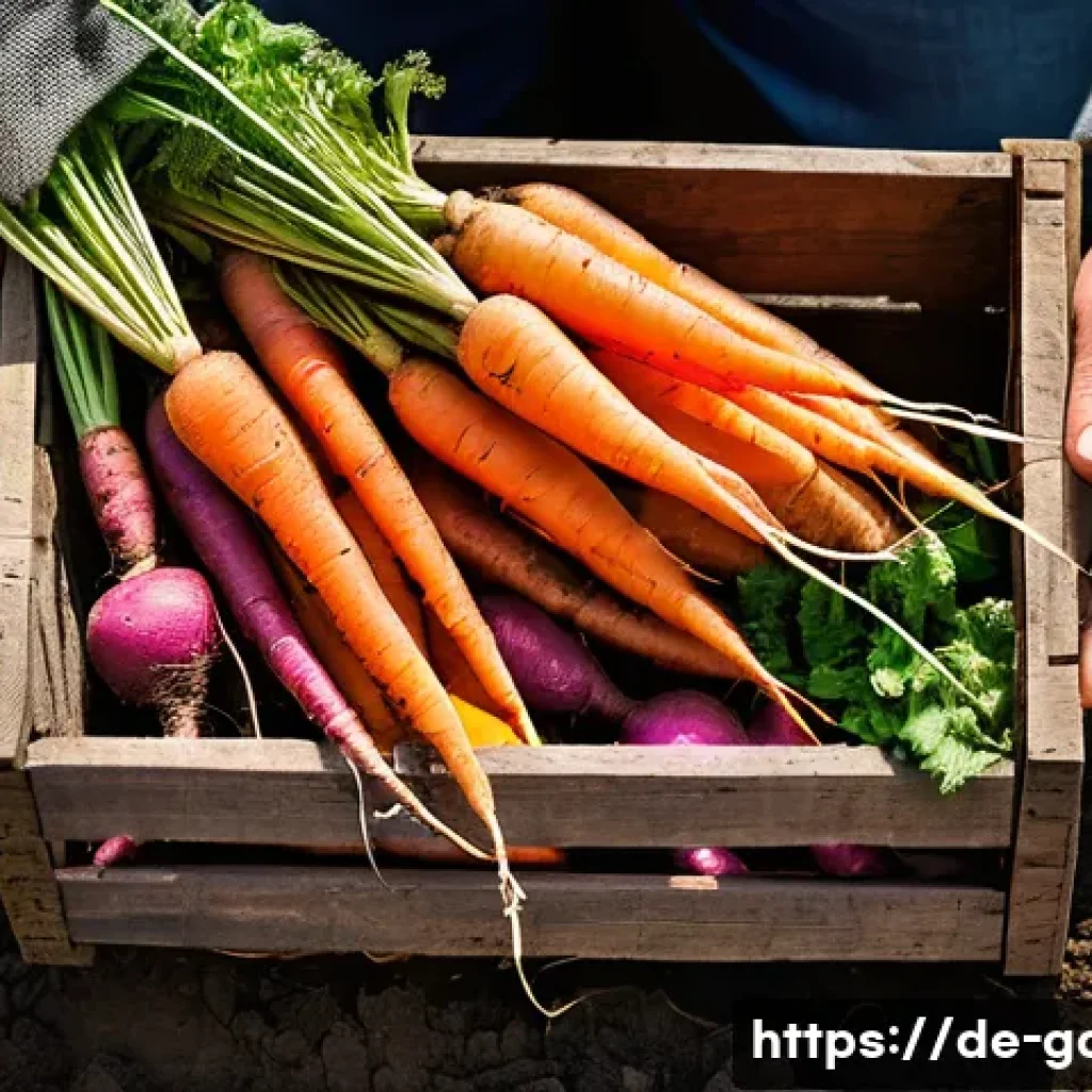 텃밭 작물별 영양 성분 비교 - **"A vibrant autumn harvest of root vegetables in a rustic wooden crate. The crate is overflowing wi...