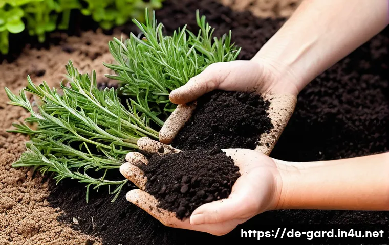 텃밭 흙 종류별 특성 비교 - **Prompt for Sandy Soil Improvement:**
    "A close-up shot of a gardener's gloved hands holding a h...