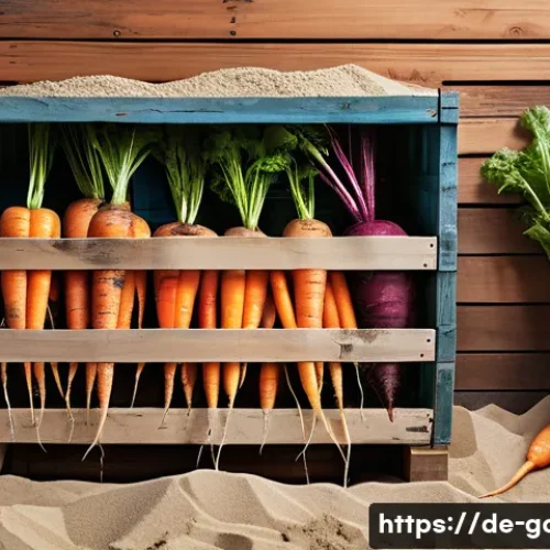 텃밭 작물별 수확 후 보관법 - A rustic root vegetable storage scene in a cool cellar setting, featuring crates of carrots, beets, ...