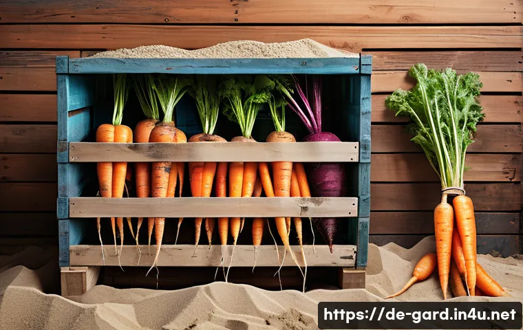 텃밭 작물별 수확 후 보관법 - A rustic root vegetable storage scene in a cool cellar setting, featuring crates of carrots, beets, ...