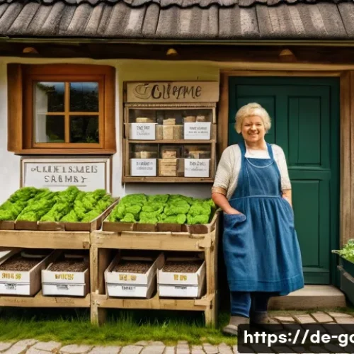 텃밭 씨앗 구매처 및 추천 제품 - A cozy German regional seed supplier's storefront in a small village setting during spring, with woo...