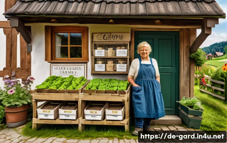 텃밭 씨앗 구매처 및 추천 제품 - A cozy German regional seed supplier's storefront in a small village setting during spring, with woo...