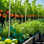 텃밭 작물별 생육 특성 비교 - A vibrant vegetable garden scene in a sunny German backyard during summer, showcasing tall, healthy ...