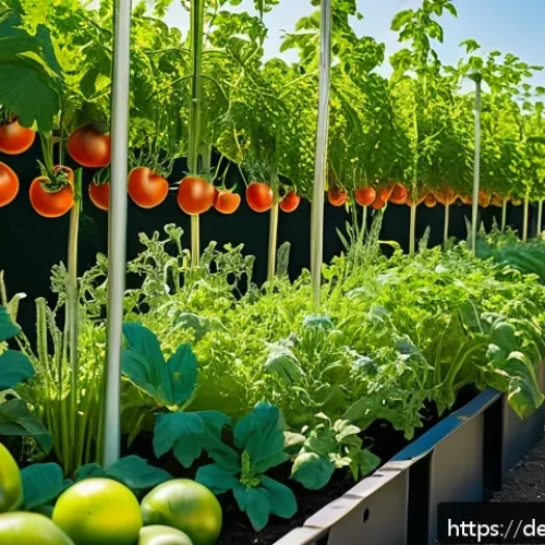텃밭 작물별 생육 특성 비교 - A vibrant vegetable garden scene in a sunny German backyard during summer, showcasing tall, healthy ...