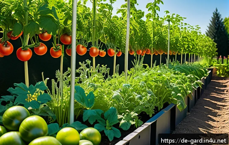 텃밭 작물별 생육 특성 비교 - A vibrant vegetable garden scene in a sunny German backyard during summer, showcasing tall, healthy ...