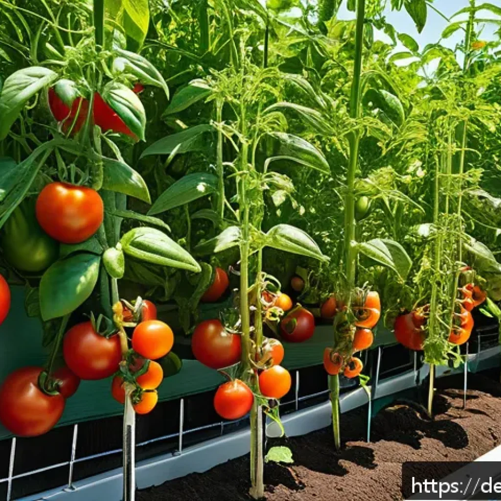 텃밭 작물별 최적 온도 및 습도 - A vibrant home garden scene featuring flourishing tomato plants under warm sunlight, with detailed g...