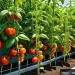 텃밭 작물별 최적 온도 및 습도 - A vibrant home garden scene featuring flourishing tomato plants under warm sunlight, with detailed g...