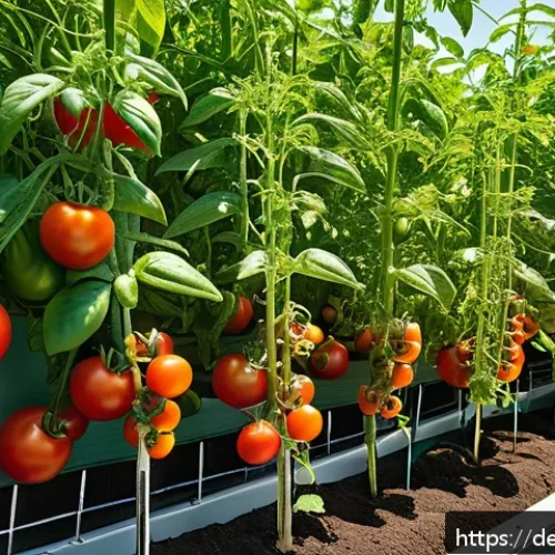 텃밭 작물별 최적 온도 및 습도 - A vibrant home garden scene featuring flourishing tomato plants under warm sunlight, with detailed g...