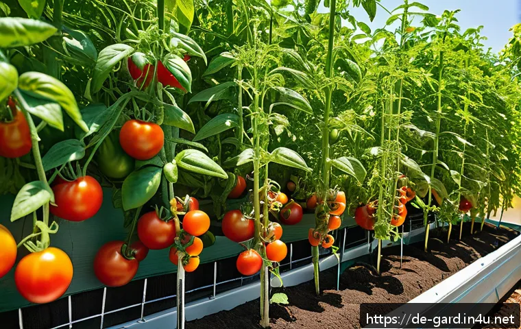 텃밭 작물별 최적 온도 및 습도 - A vibrant home garden scene featuring flourishing tomato plants under warm sunlight, with detailed g...