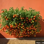 텃밭 방울토마토 재배 방법 - A sunlit garden scene showcasing a vibrant cherry tomato plant growing against a warm-colored house ...