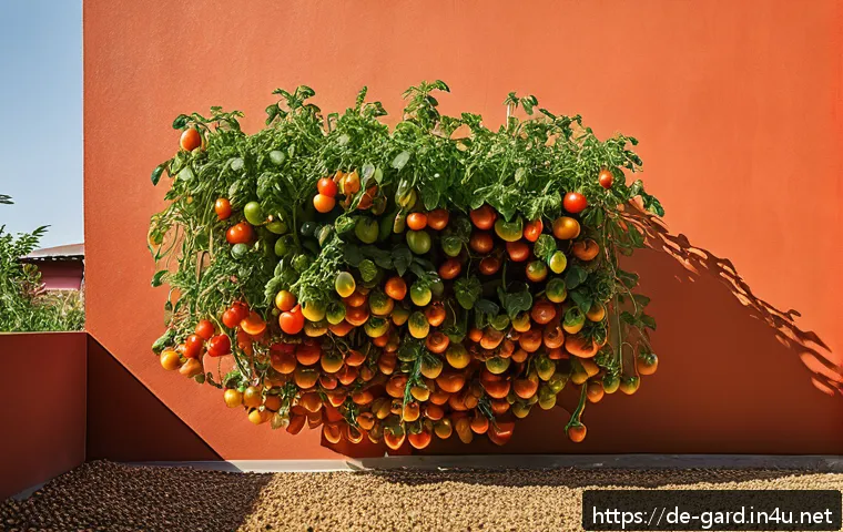 텃밭 방울토마토 재배 방법 - A sunlit garden scene showcasing a vibrant cherry tomato plant growing against a warm-colored house ...