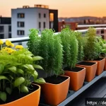 텃밭 스마트폰 원격 관수 시스템 - A modern urban balcony garden at sunset, equipped with a smart drip irrigation system featuring time...