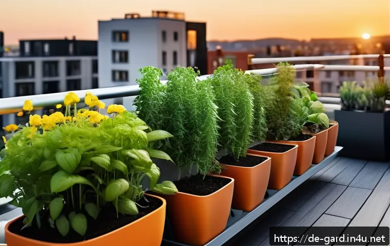 텃밭 스마트폰 원격 관수 시스템 - A modern urban balcony garden at sunset, equipped with a smart drip irrigation system featuring time...