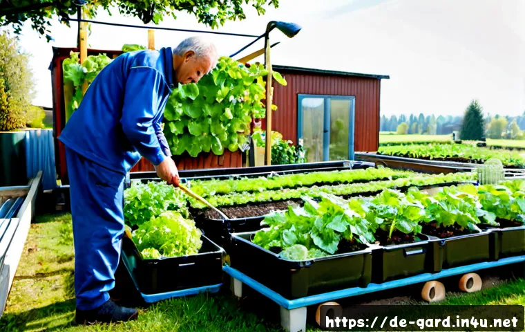 텃밭 컨테이너형 농장 운영법 - Photorealistic backyard container vegetable farm in a tidy German suburban garden, raised wooden pla...