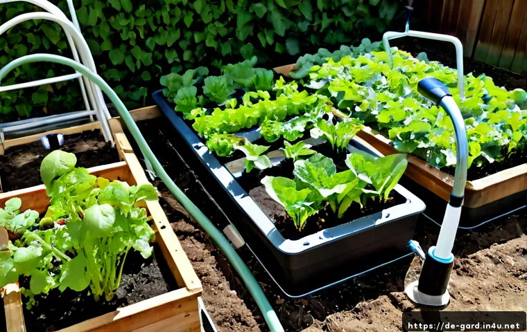 텃밭 스마트팜 장비 비교 - Photorealistic side-by-side comparison scene in a tidy German suburban backyard vegetable garden, co...