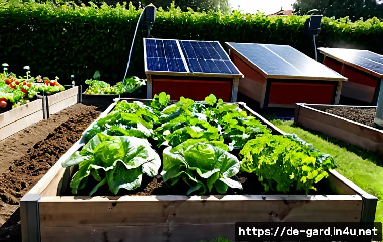 텃밭 관리 자동화 기술 - Photorealistic smart vegetable garden in a tidy German suburban backyard, raised wooden beds filled ...
